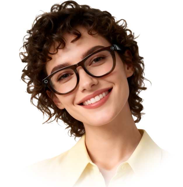 A professional smiling woman wearing stylish AI smart glasses, representing Neomix's mission to bring smart eyewear visions to life through temple engineering and finished goods manufacturing.