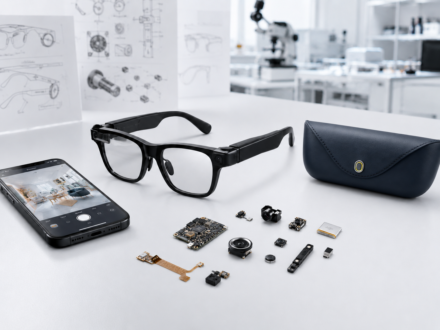 Smart glasses engineering core with AI eyewear, app interface, imaging modules, electronic components, and charging case