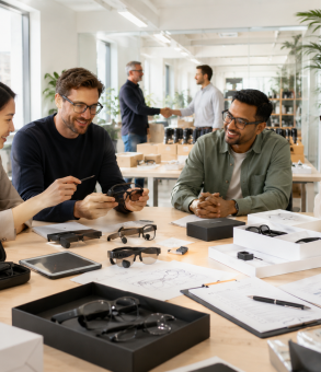 Smart eyewear ODM product launch collaboration with engineering samples, packaging review, validation, and partnership discussion
