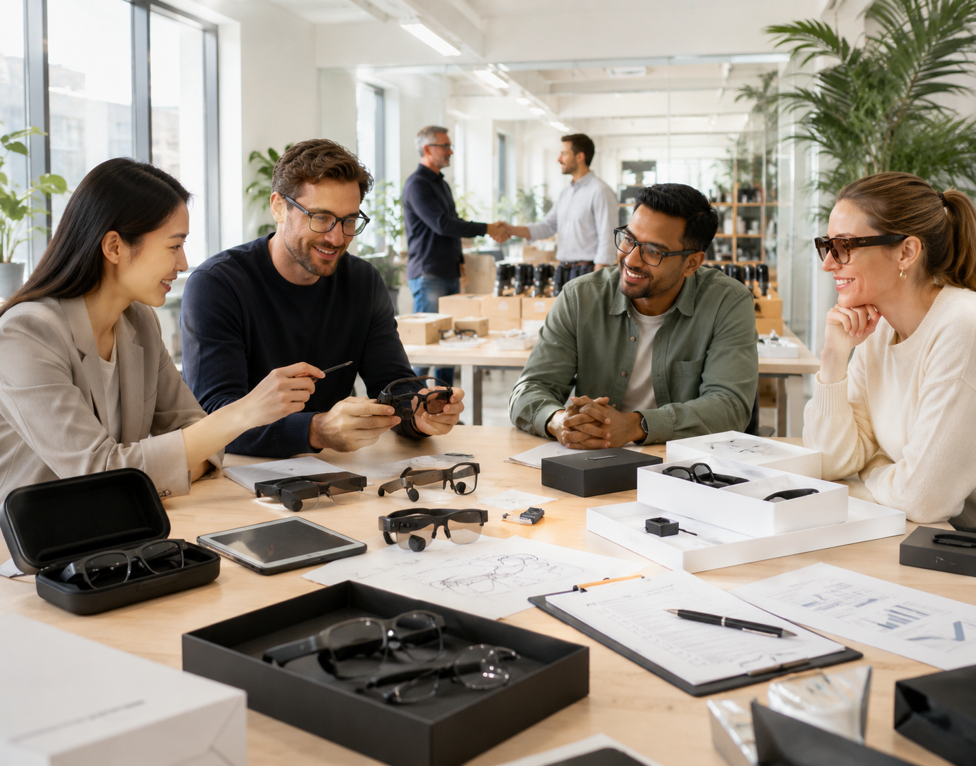 Smart eyewear ODM product launch collaboration with engineering samples, packaging review, validation, and partnership discussion