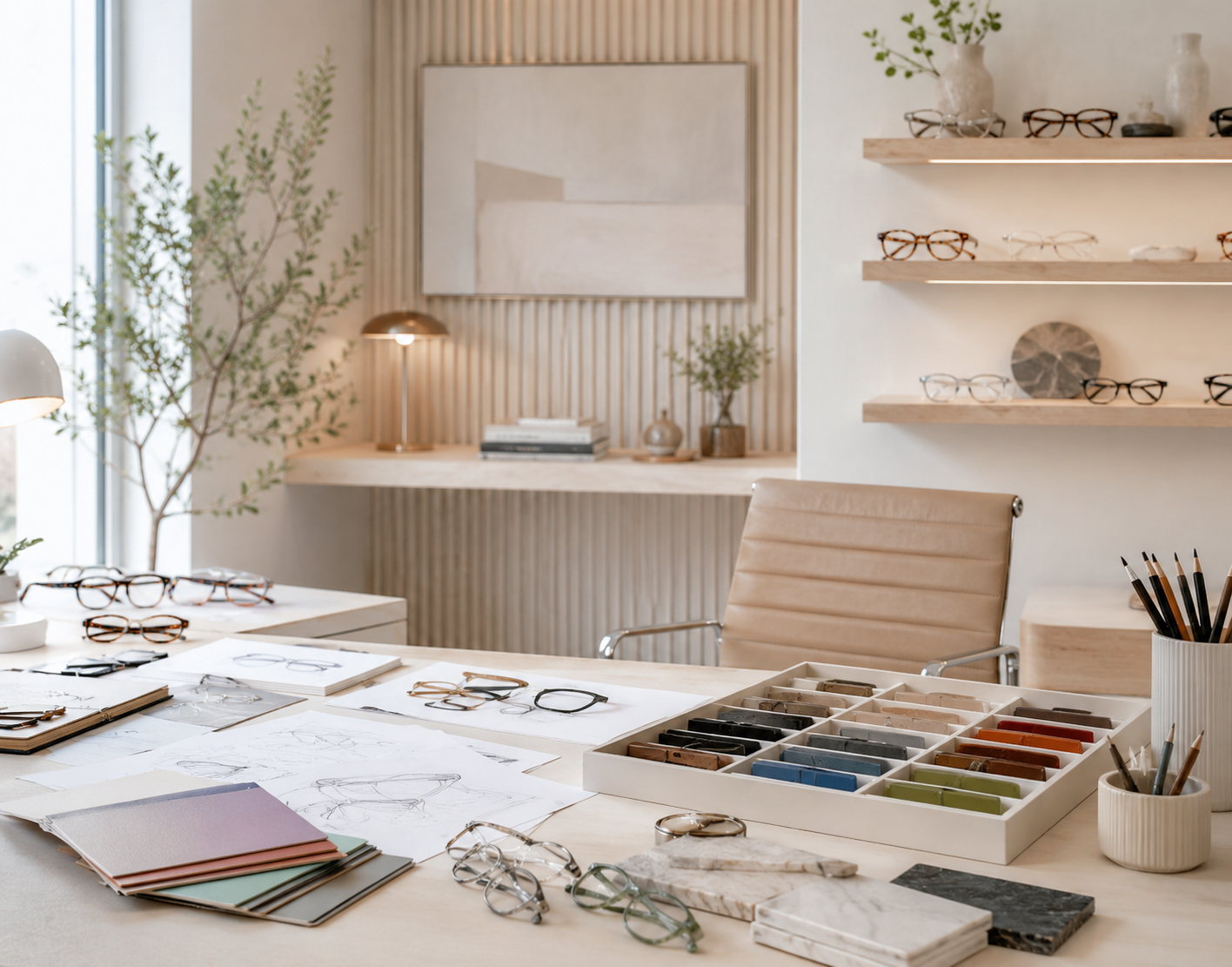 Eyewear frame design studio with material samples, sketches, and frame prototypes for smart glasses ODM customization